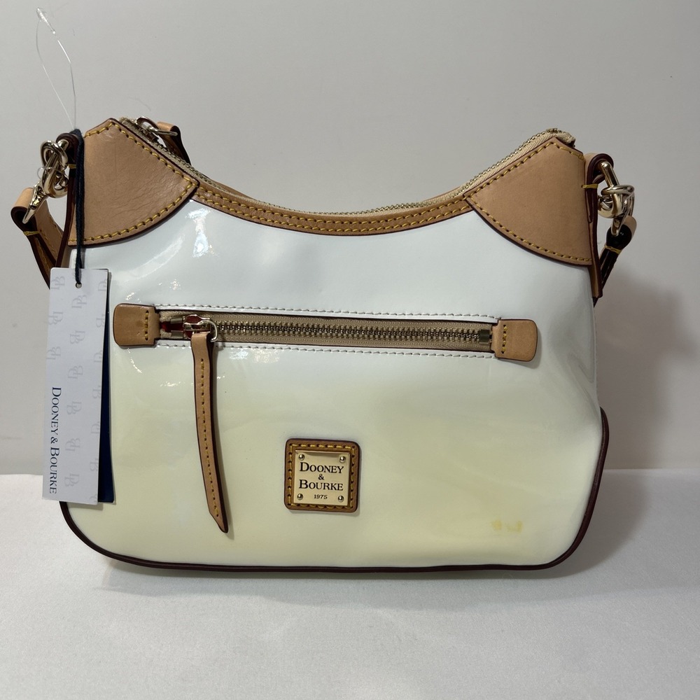 Dooney & Bourke White Patent Leather Hobo Shoulder Bag Tan Trim NWT Preppy READ